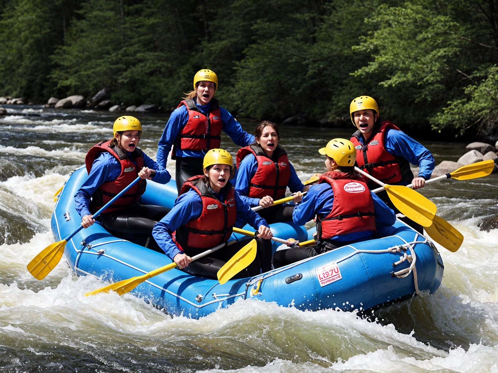 Adventurers Rafting Through Rapids in Bright Gear