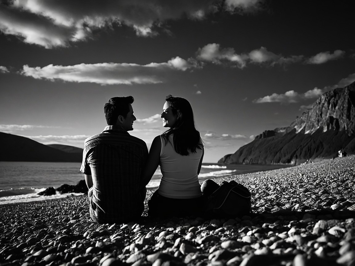 Couple on Beach at Sunset in Black and White