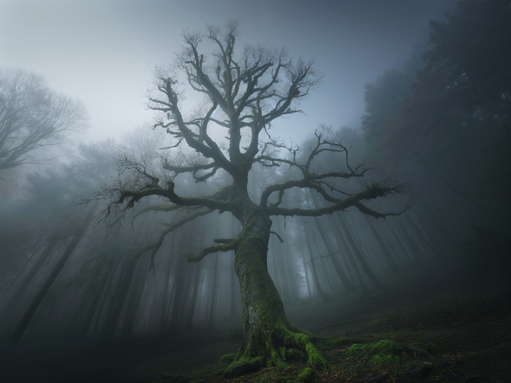 Gnarled Tree in Misty Forest with Eerie Atmosphere