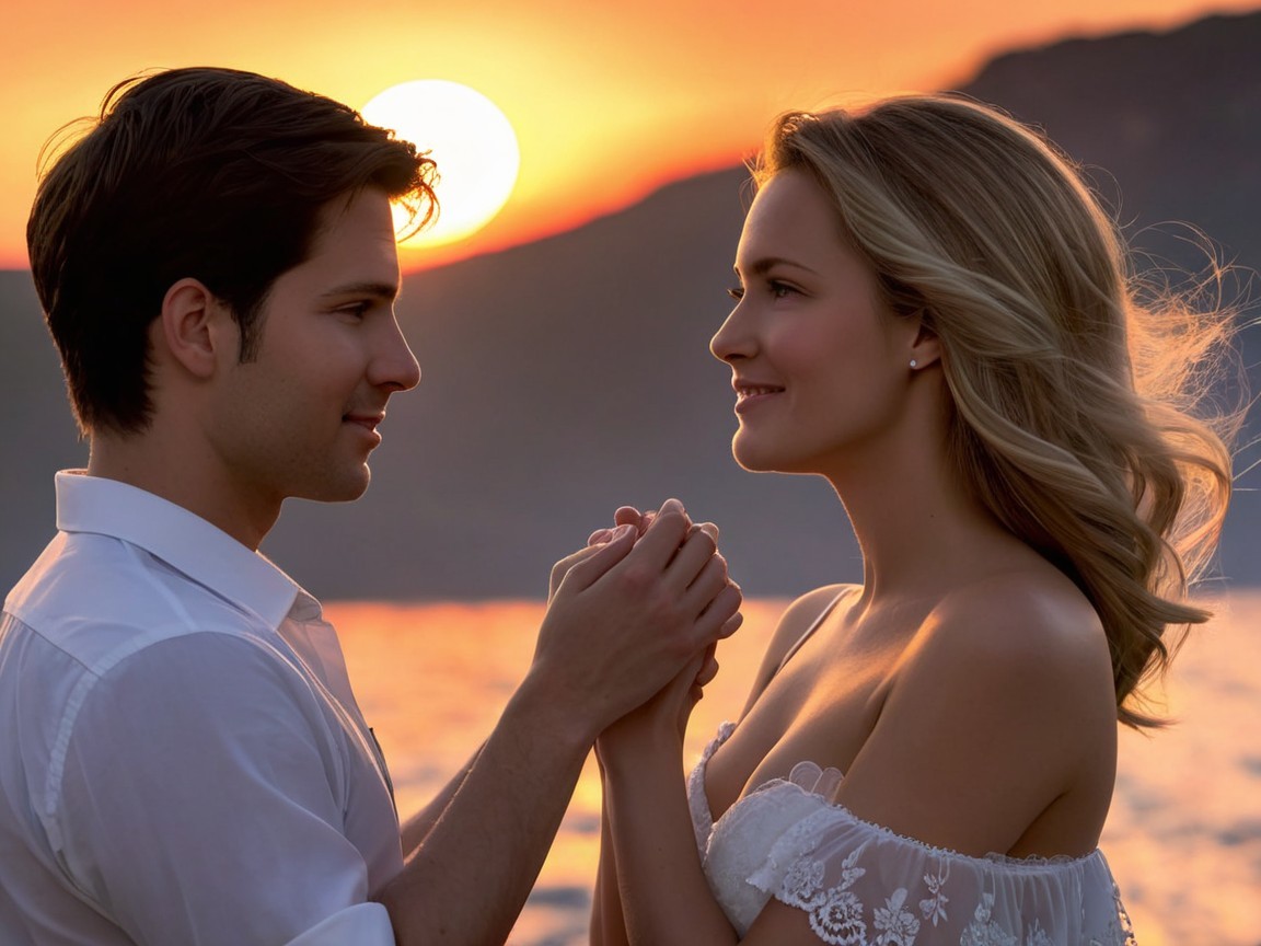 Romantic Sunset Scene with Couple and Scenic Backdrop