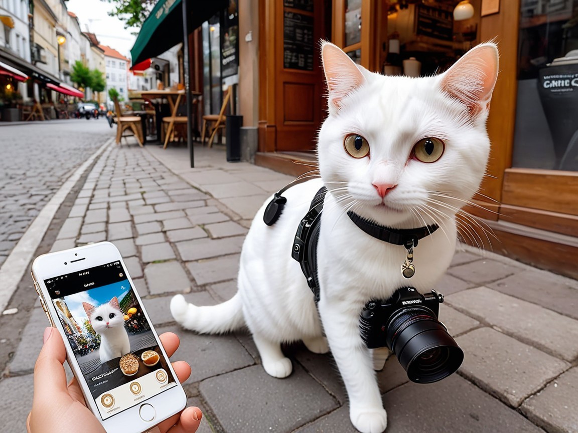 White Cat with Camera Harness in Quaint Town Setting