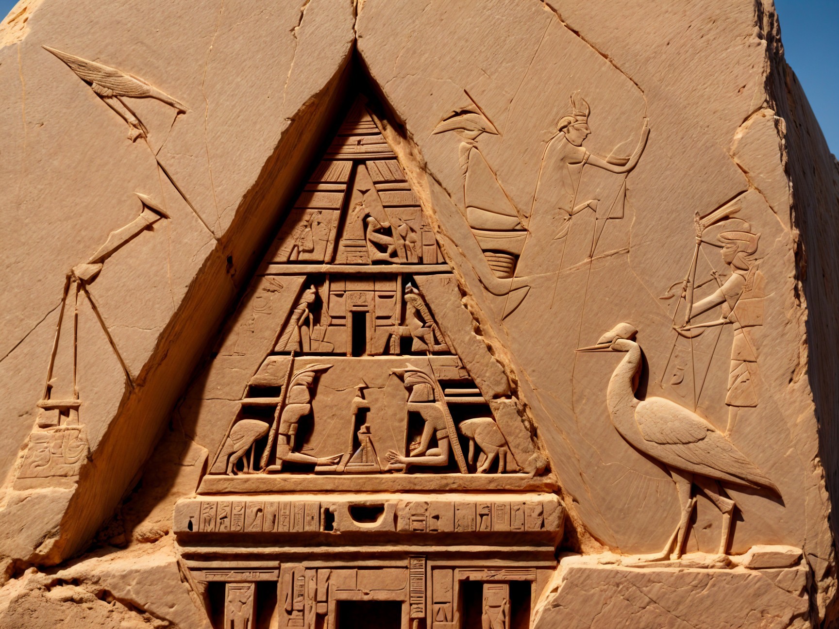 Ancient Egyptian Stone Relief with Hieroglyphs and Scenes