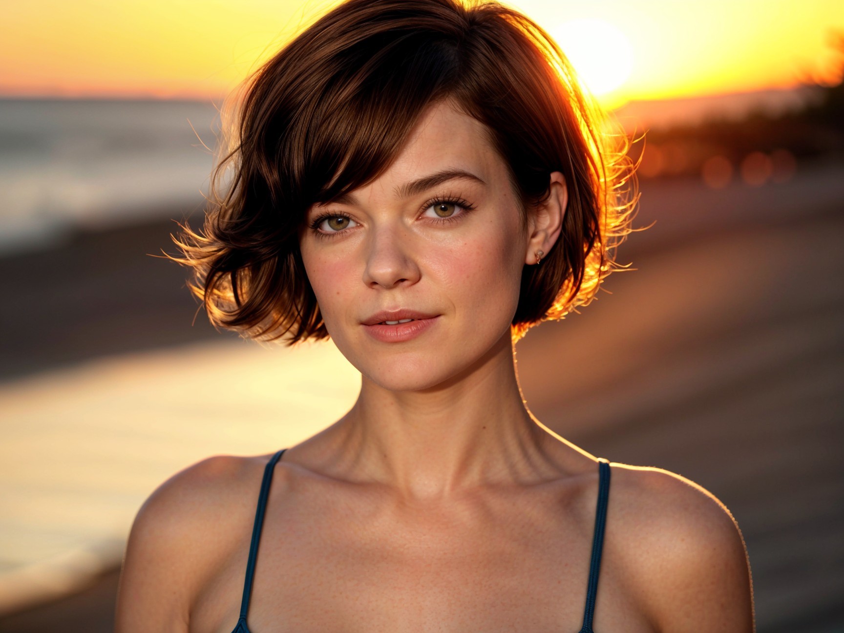 Young woman with bob hairstyle at sunset beach