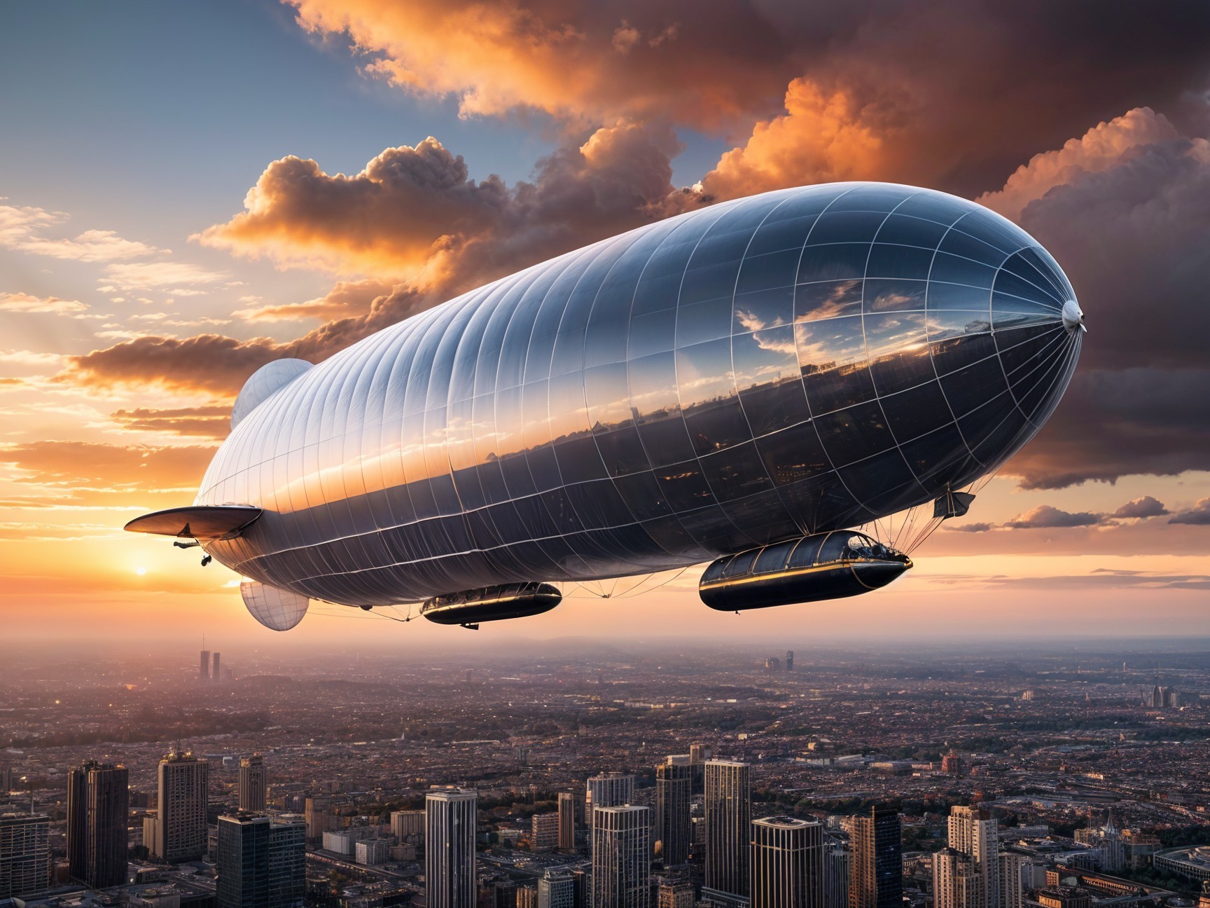 Futuristic Airship Over Cityscape at Sunset