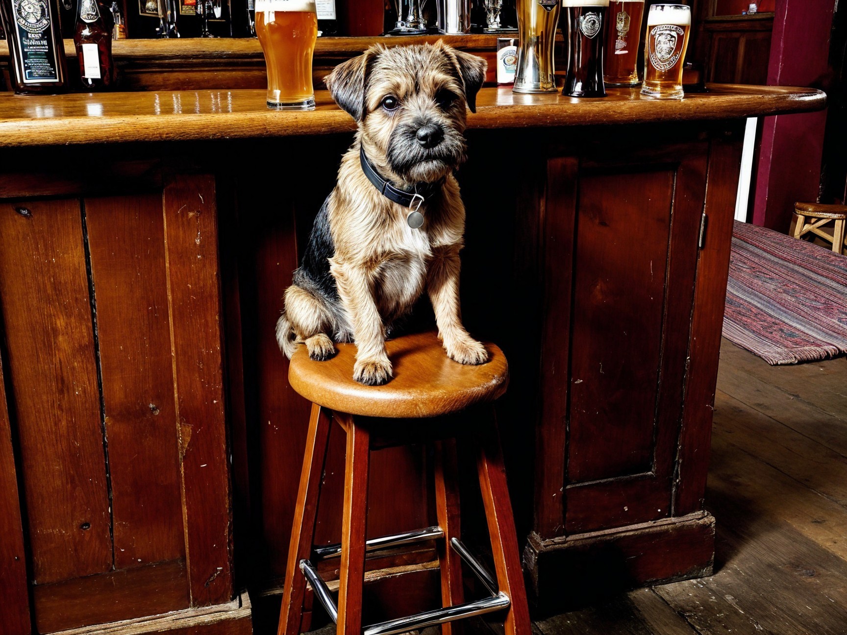 Scruffy Dog on Bar Stool in Cozy Pub Setting
