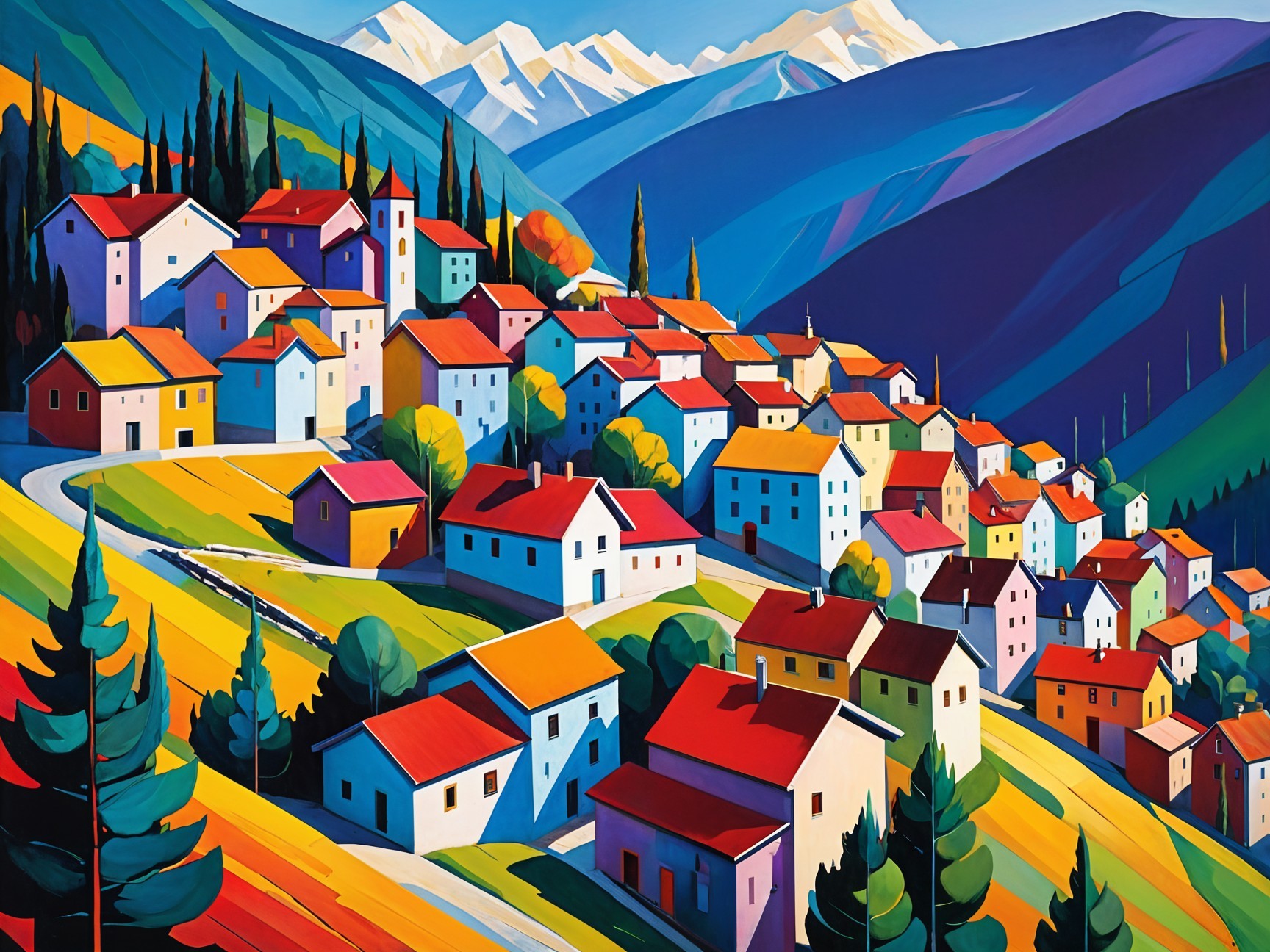 Vibrant Village with Colorful Homes and Scenic Landscape