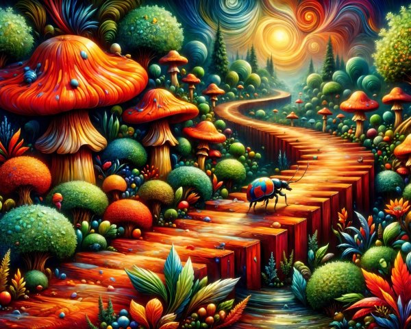 Whimsical Landscape with Winding Path and Colorful Flora