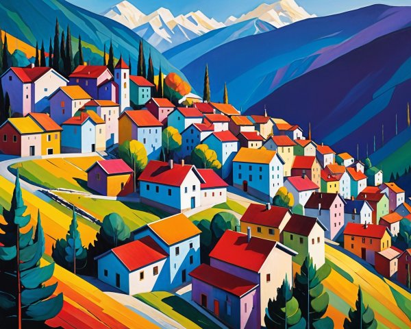 Vibrant Village with Colorful Homes and Scenic Landscape