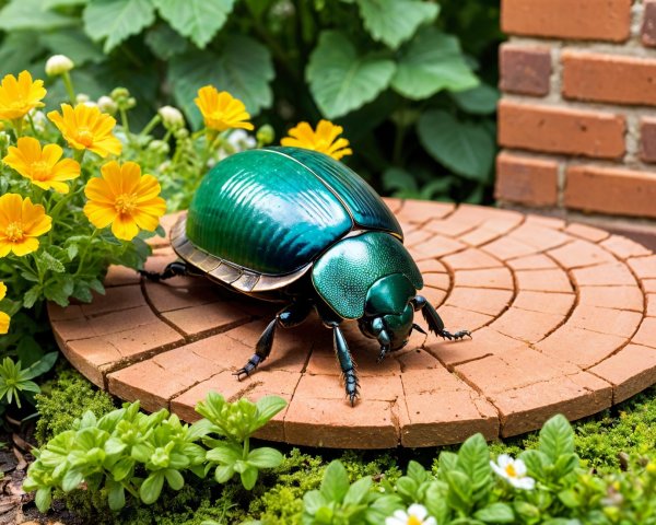 Emerald Green Beetle on Terracotta Pathway in Garden