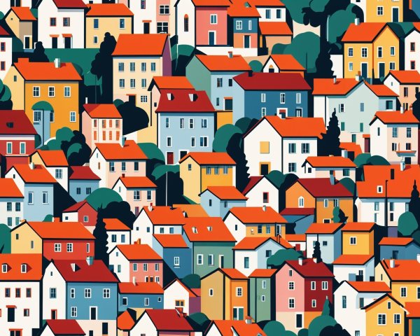 Colorful Illustration of a Densely Packed Neighborhood
