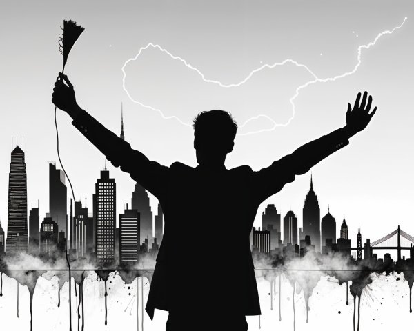 Silhouetted Figure Celebrating Against City Skyline