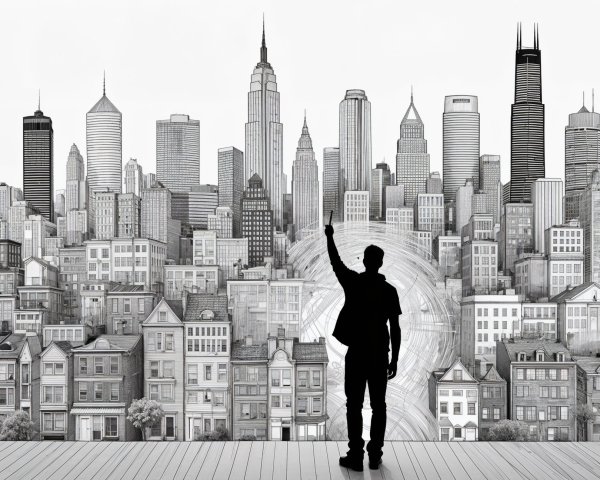 Silhouetted Figure Against Black-and-White Cityscape