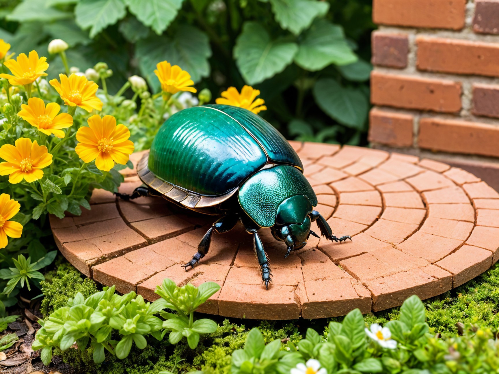 Emerald Green Beetle on Terracotta Pathway in Garden