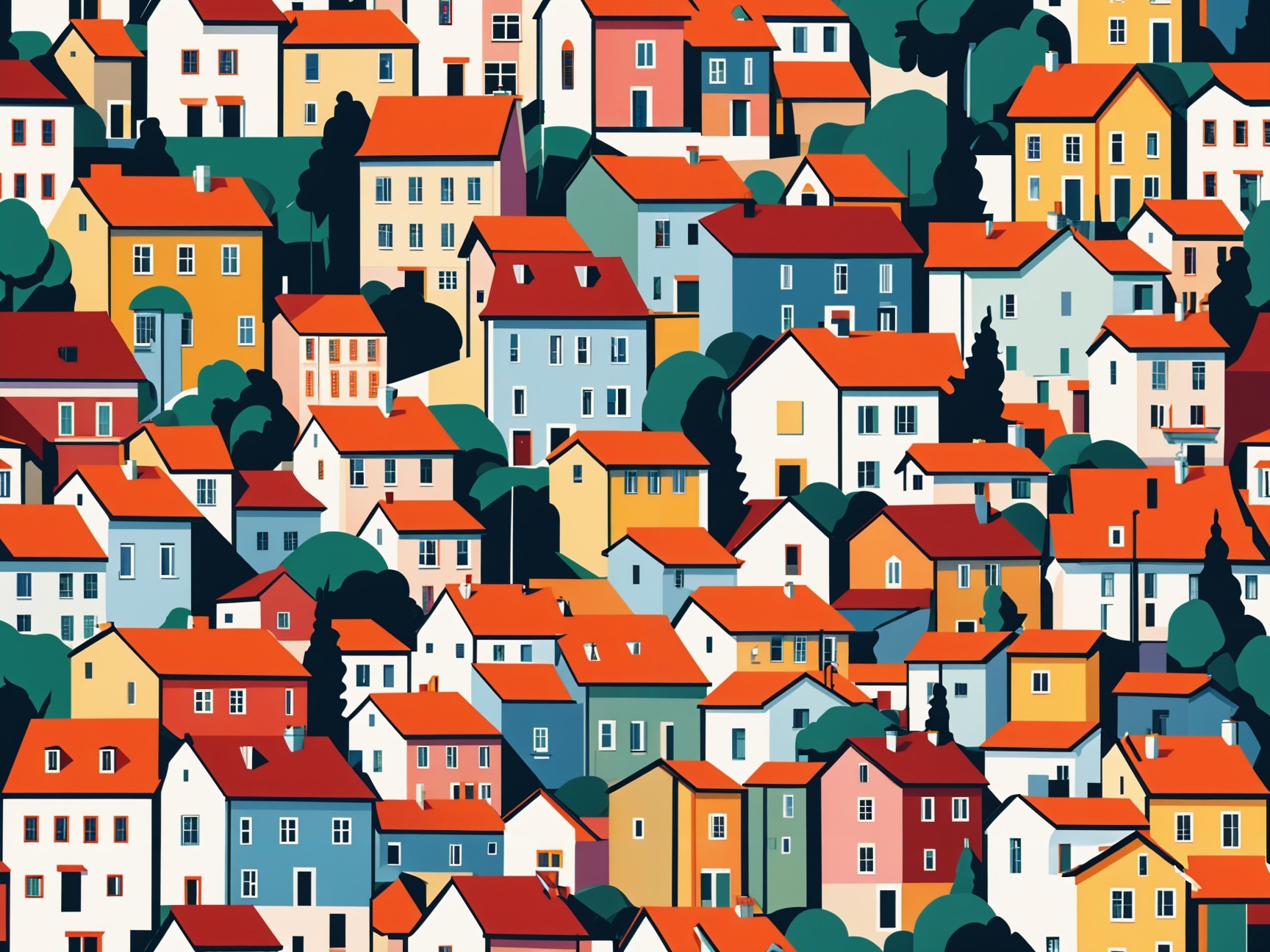 Colorful Illustration of a Densely Packed Neighborhood