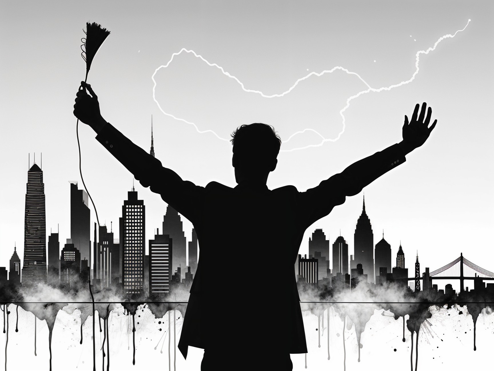 Silhouetted Figure Celebrating Against City Skyline