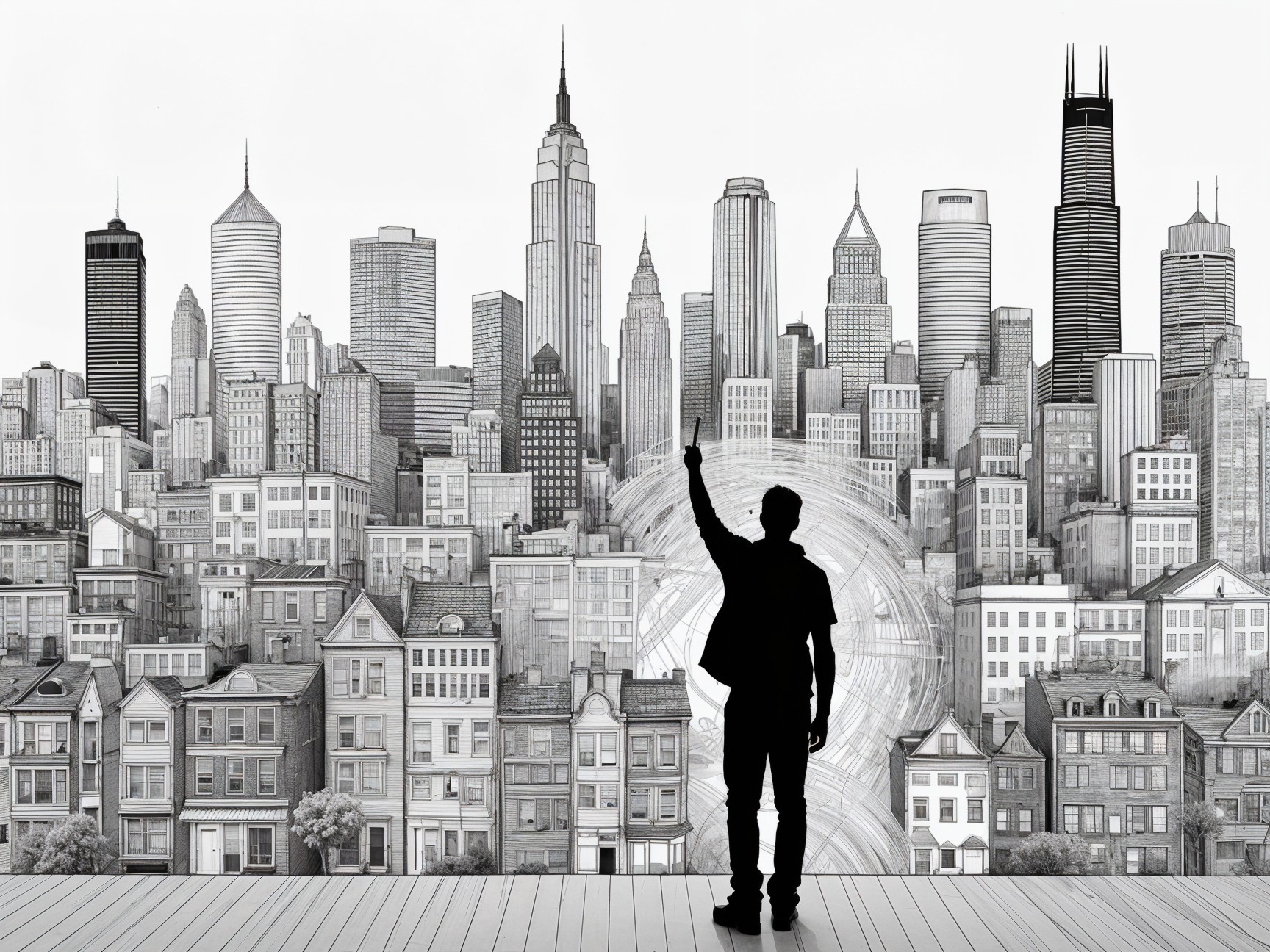 Silhouetted Figure Against Black-and-White Cityscape