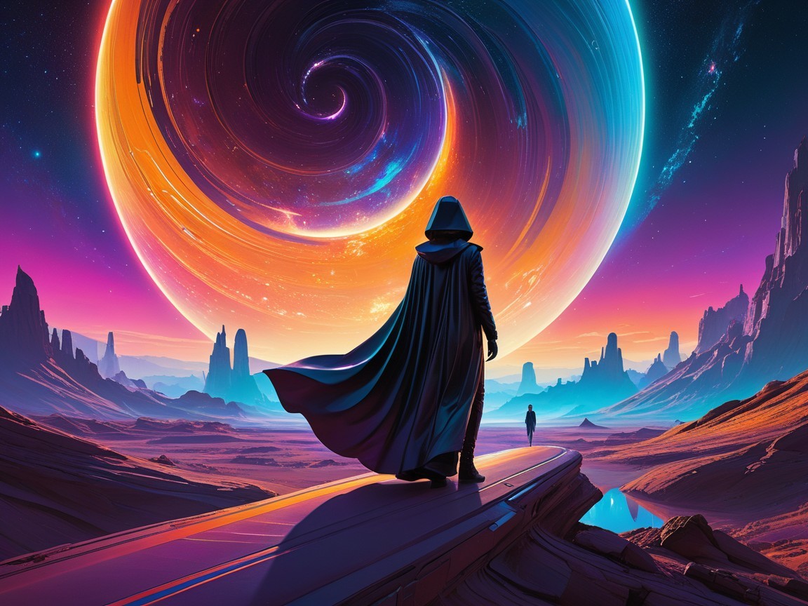 Silhouetted Figure Overlooking Cosmic Landscape