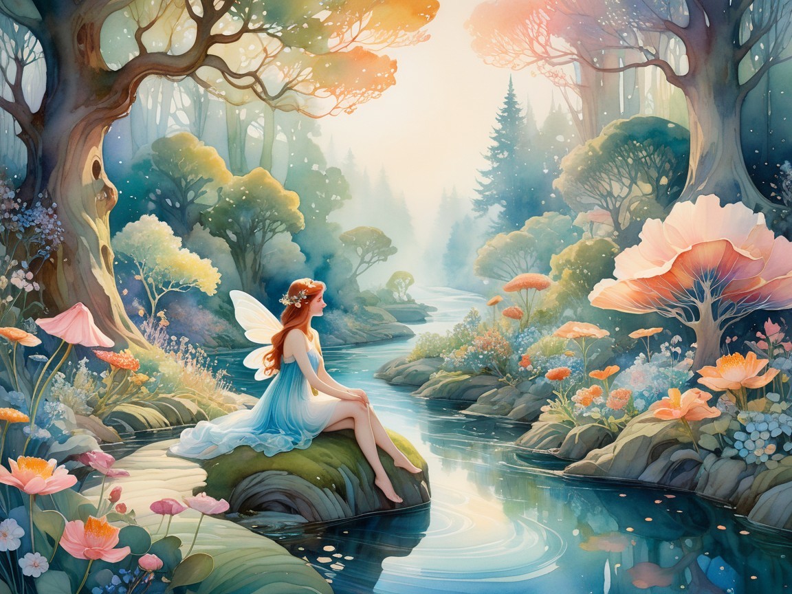 Serene Fairy in Dreamy Forest Glade by Stream