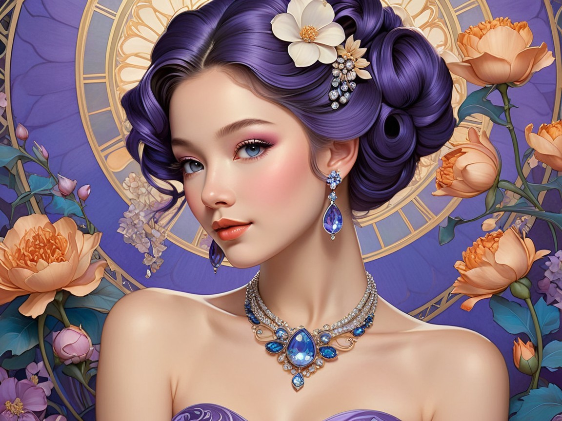 Elegant Young Woman with Purple Hair and Floral Accents