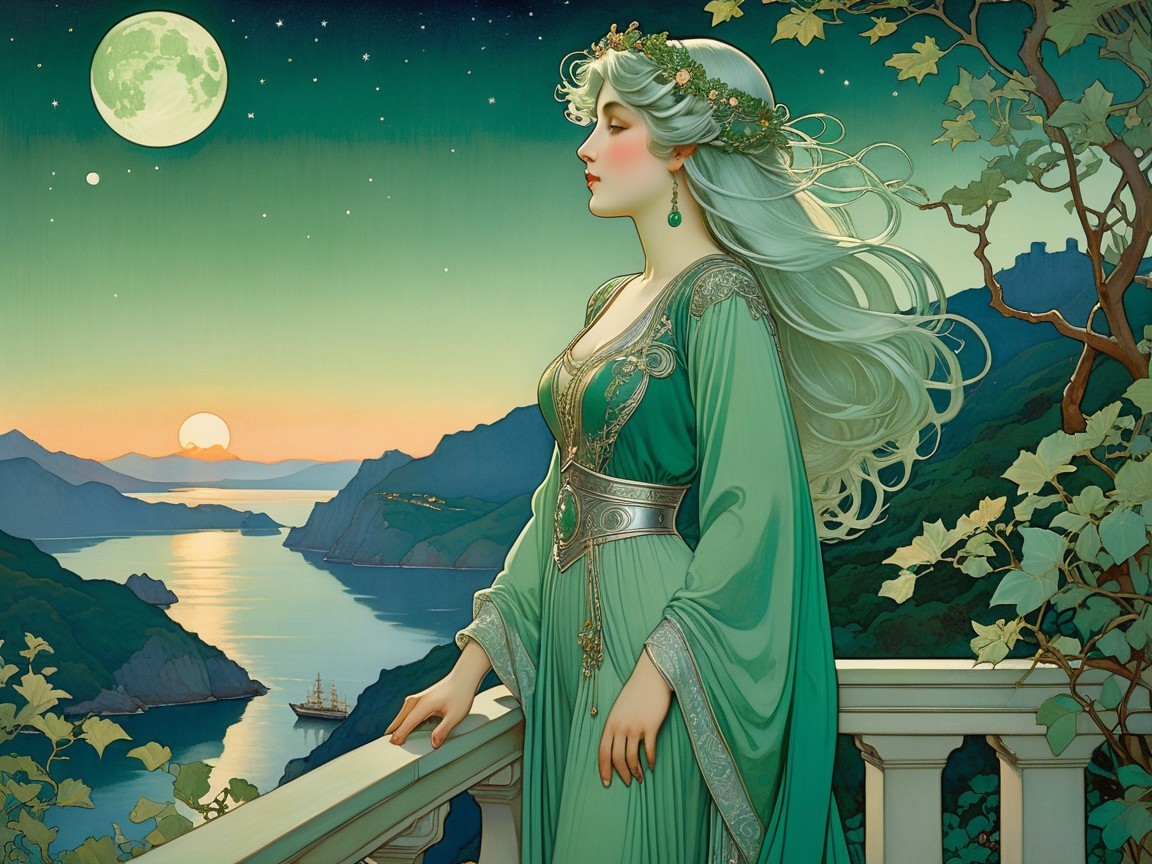 Serene Figure on Balcony Overlooking Dusk Landscape