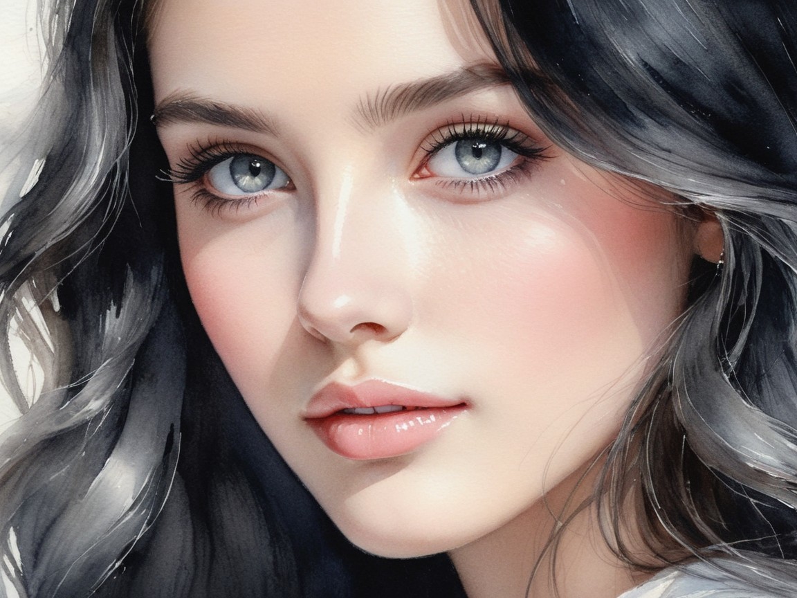 Portrait of a Young Woman with Dark Hair and Blue Eyes