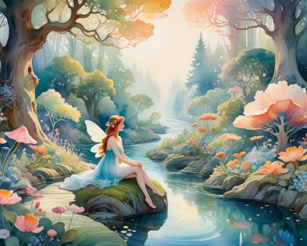 Serene Fairy in Dreamy Forest Glade by Stream