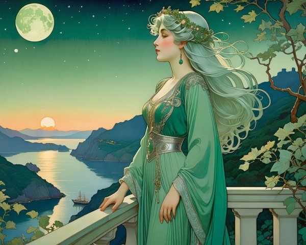 Serene Figure on Balcony Overlooking Dusk Landscape