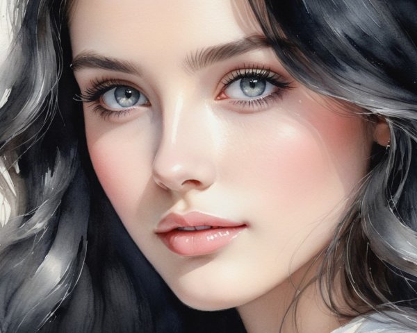 Portrait of a Young Woman with Dark Hair and Blue Eyes