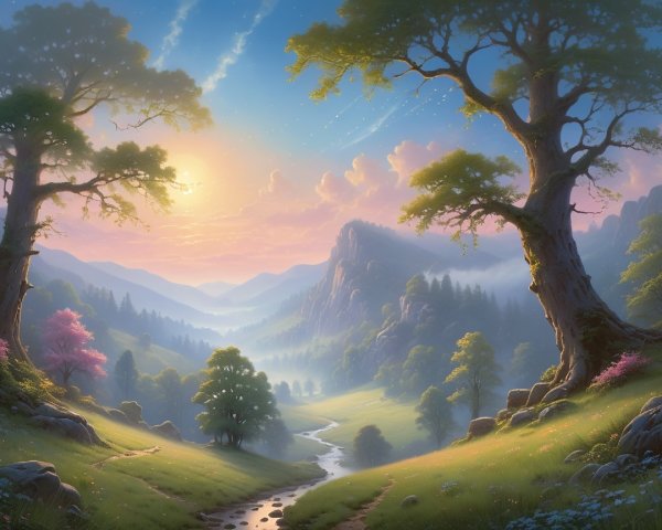 Serene Landscape with Trees, Stream, and Sunrise Hues
