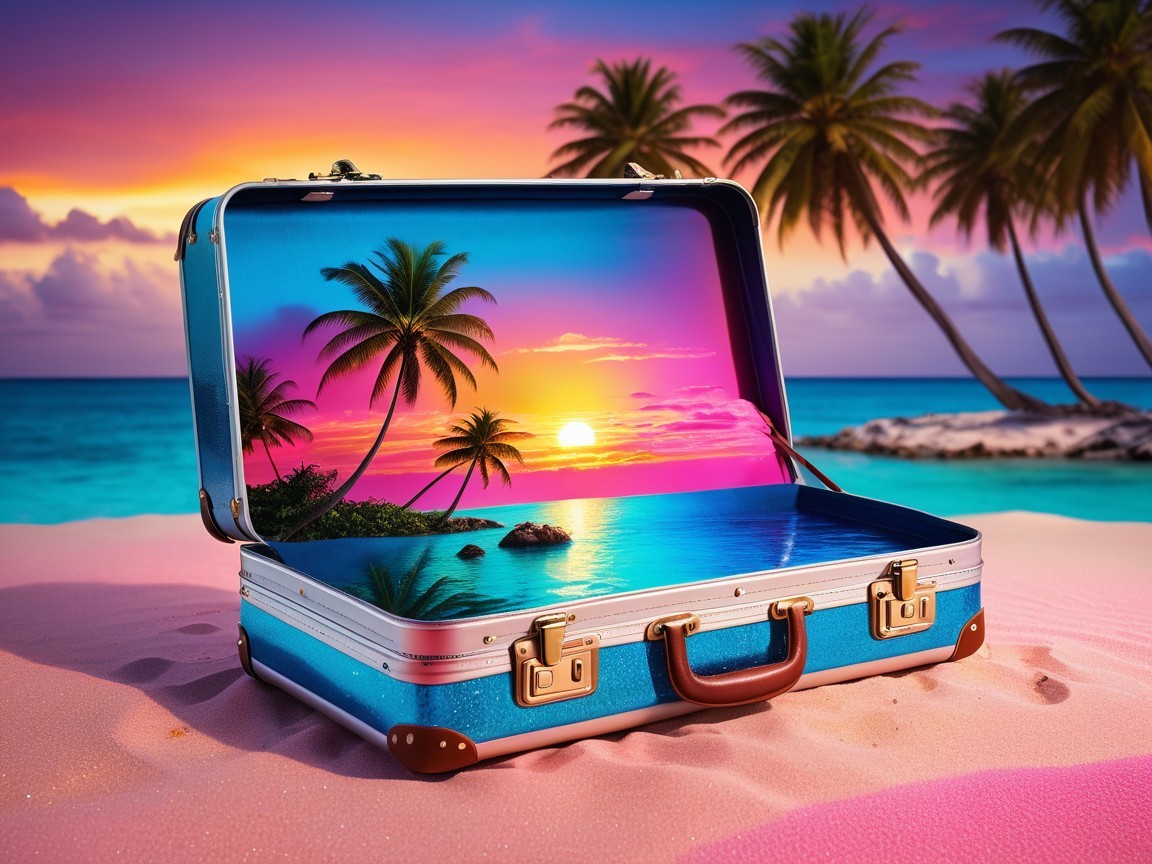 Blue Suitcase on Beach with Tropical Sunset Scene
