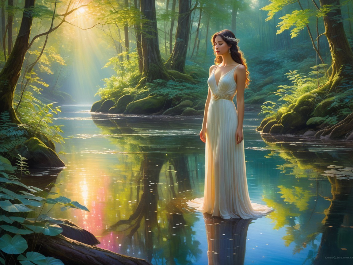 Serene Forest Scene with Young Woman in White Dress