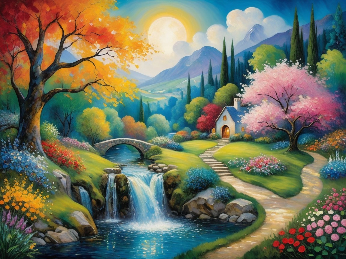 Vibrant Autumn Landscape with Stream and Quaint House
