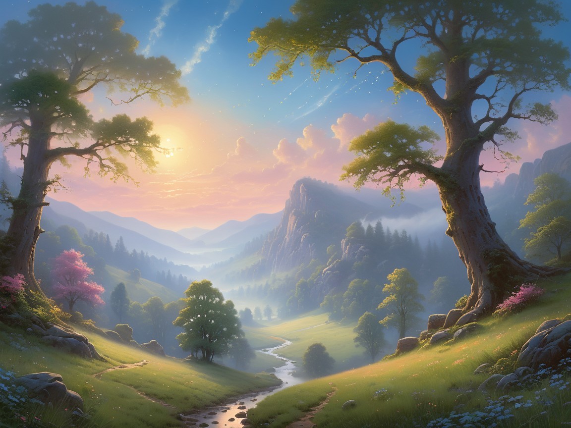 Serene Landscape with Trees, Stream, and Sunrise Hues
