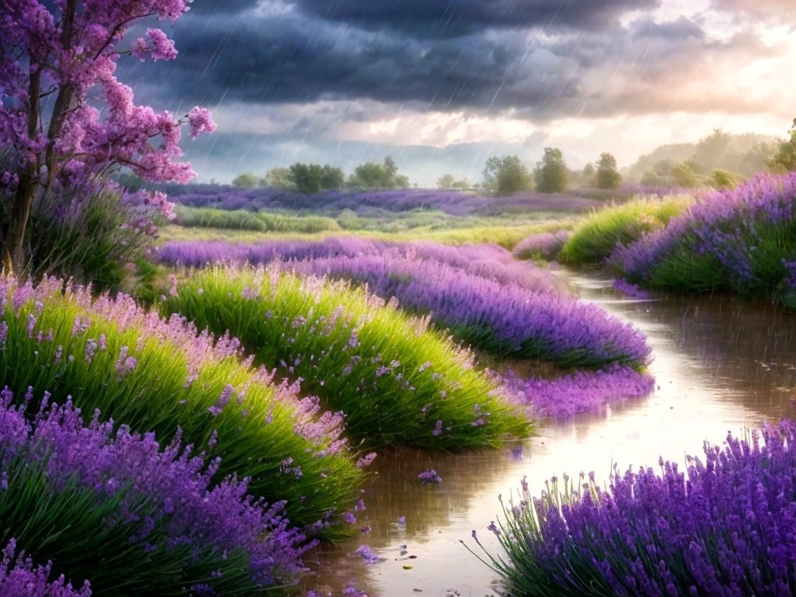Vibrant Lavender Fields Under Dramatic Sky