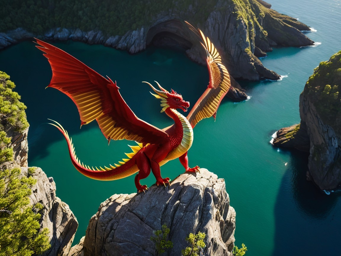 Majestic red dragon on rocky cliff by blue sea