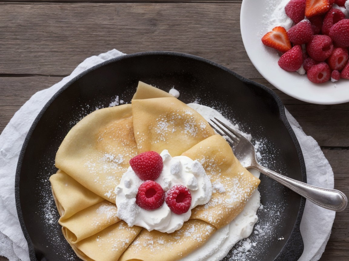 Golden crepes with whipped cream and fresh berries