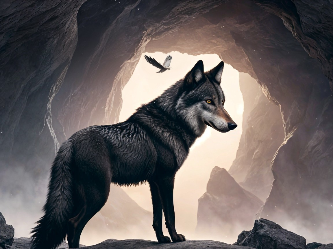Wolf at Cave Entrance with Soaring Bird in Background