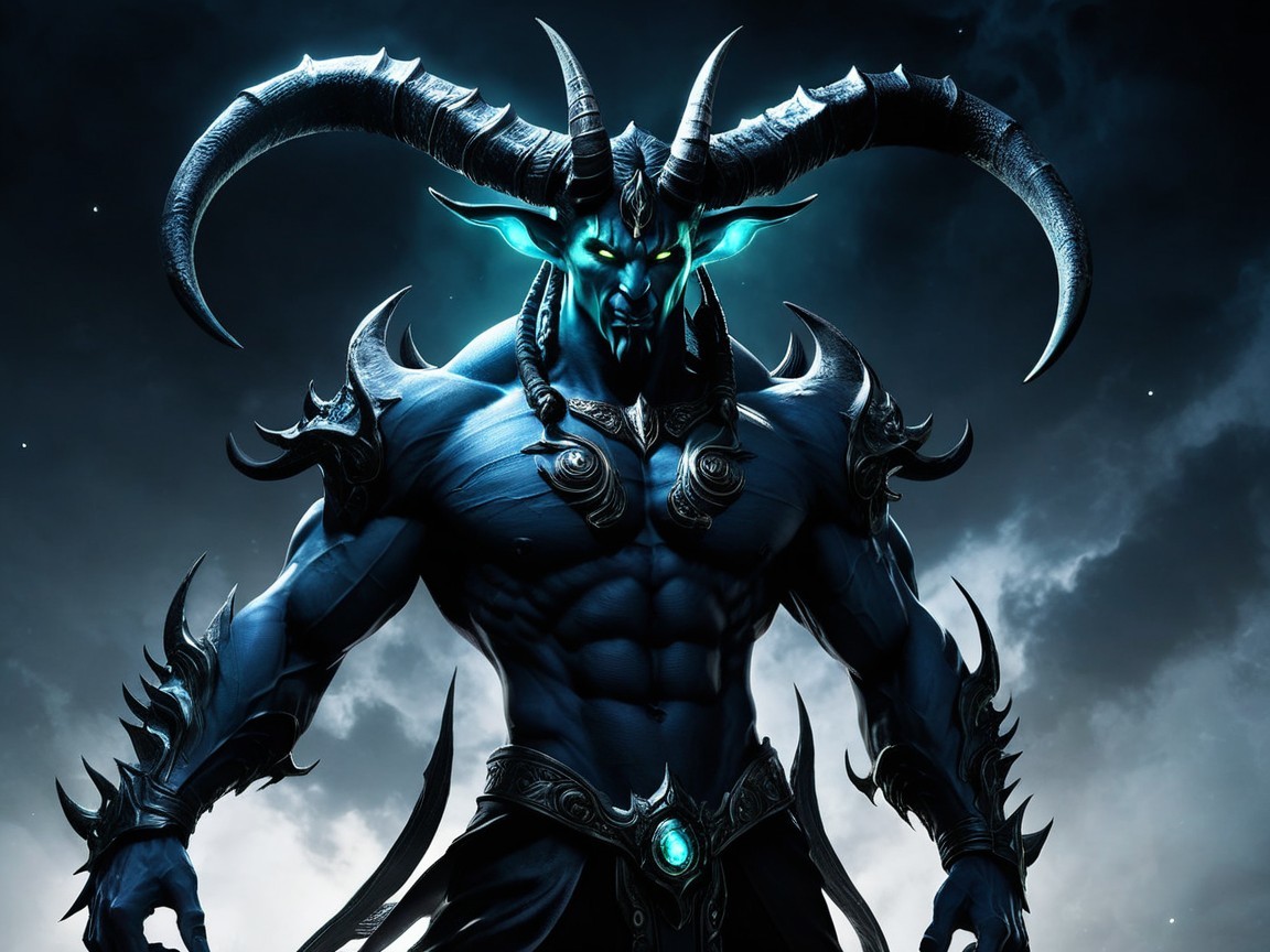 Demon Figure with Blue Skin and Intricate Armor