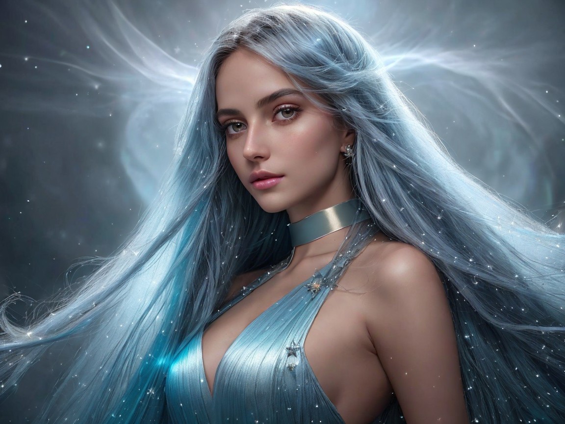 Portrait of a Young Woman with Blue Hair and Silver Dress