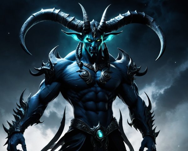 Demon Figure with Blue Skin and Intricate Armor