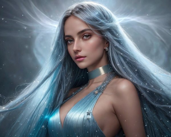 Portrait of a Young Woman with Blue Hair and Silver Dress