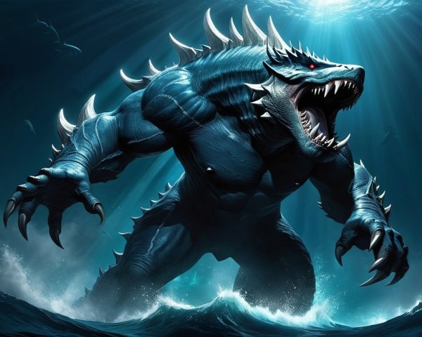 Colossal Sea Monster with Deep Blue Skin and Spikes