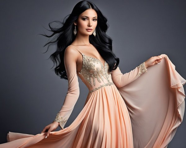 Elegant peach gown with gold embellishments showcased