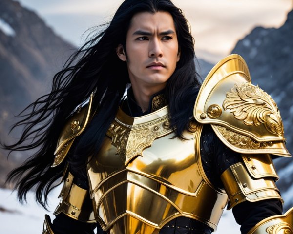 Warrior in Gold Armor Against Majestic Mountain Scene