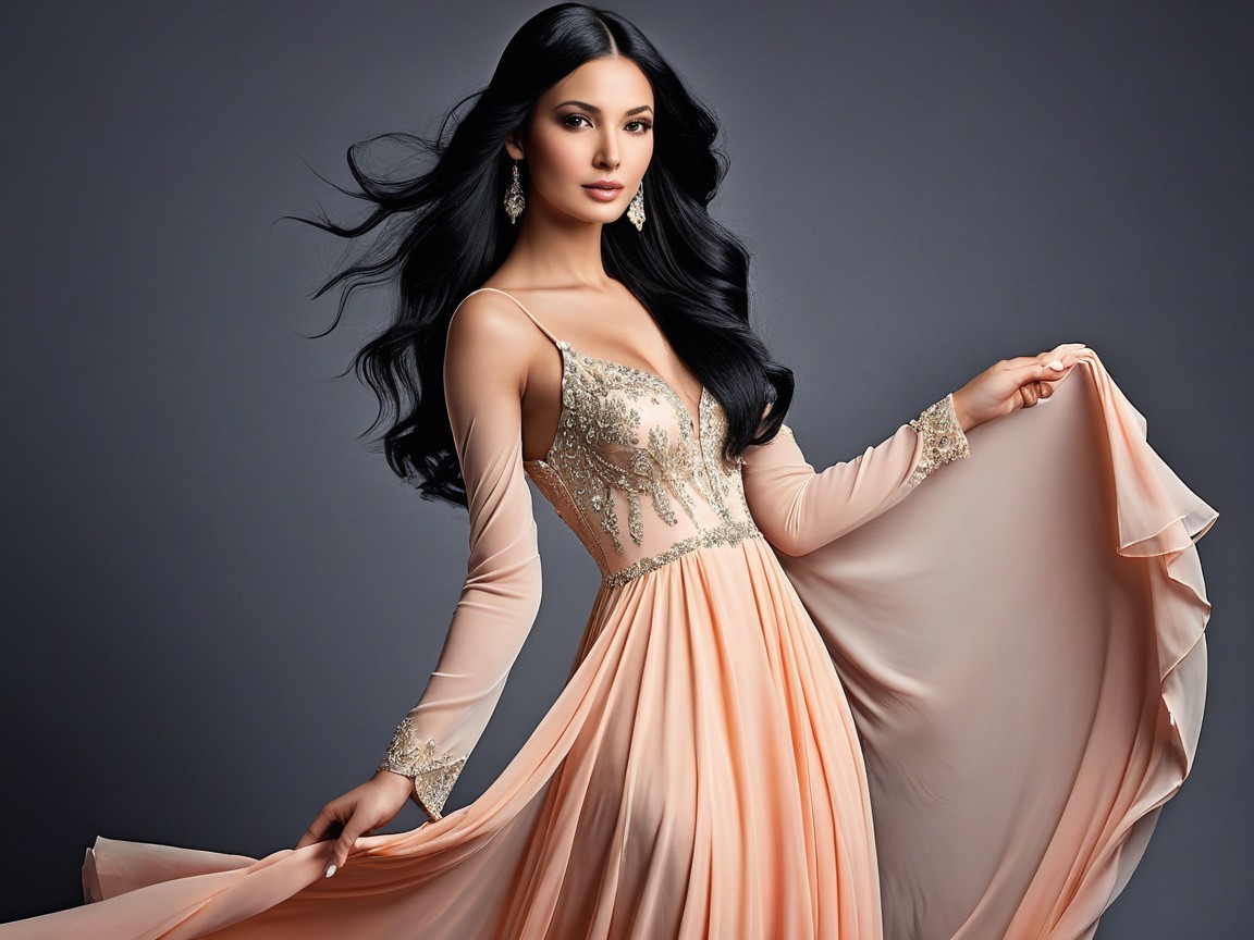 Elegant peach gown with gold embellishments showcased