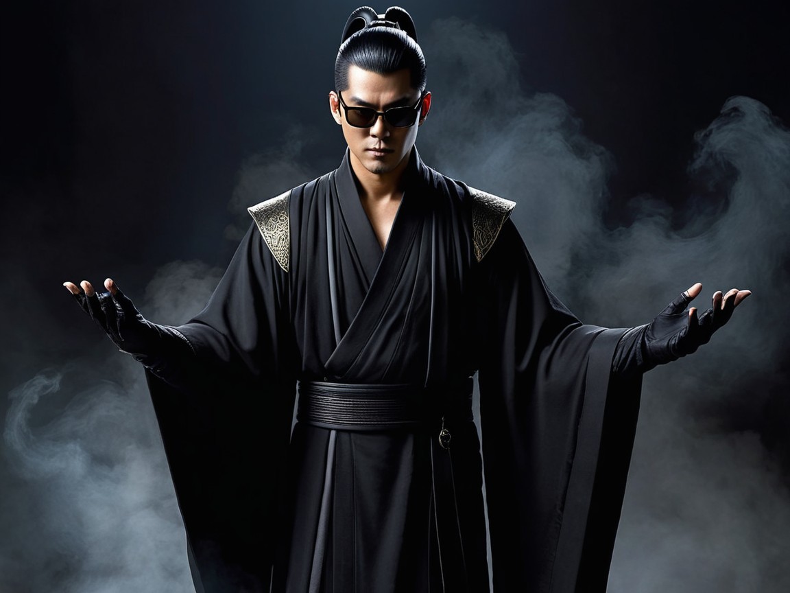 Confident Figure in Black Robe Surrounded by Smoke
