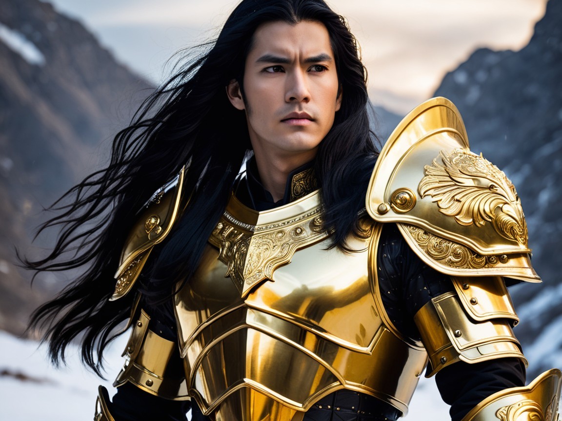 Warrior in Gold Armor Against Majestic Mountain Scene