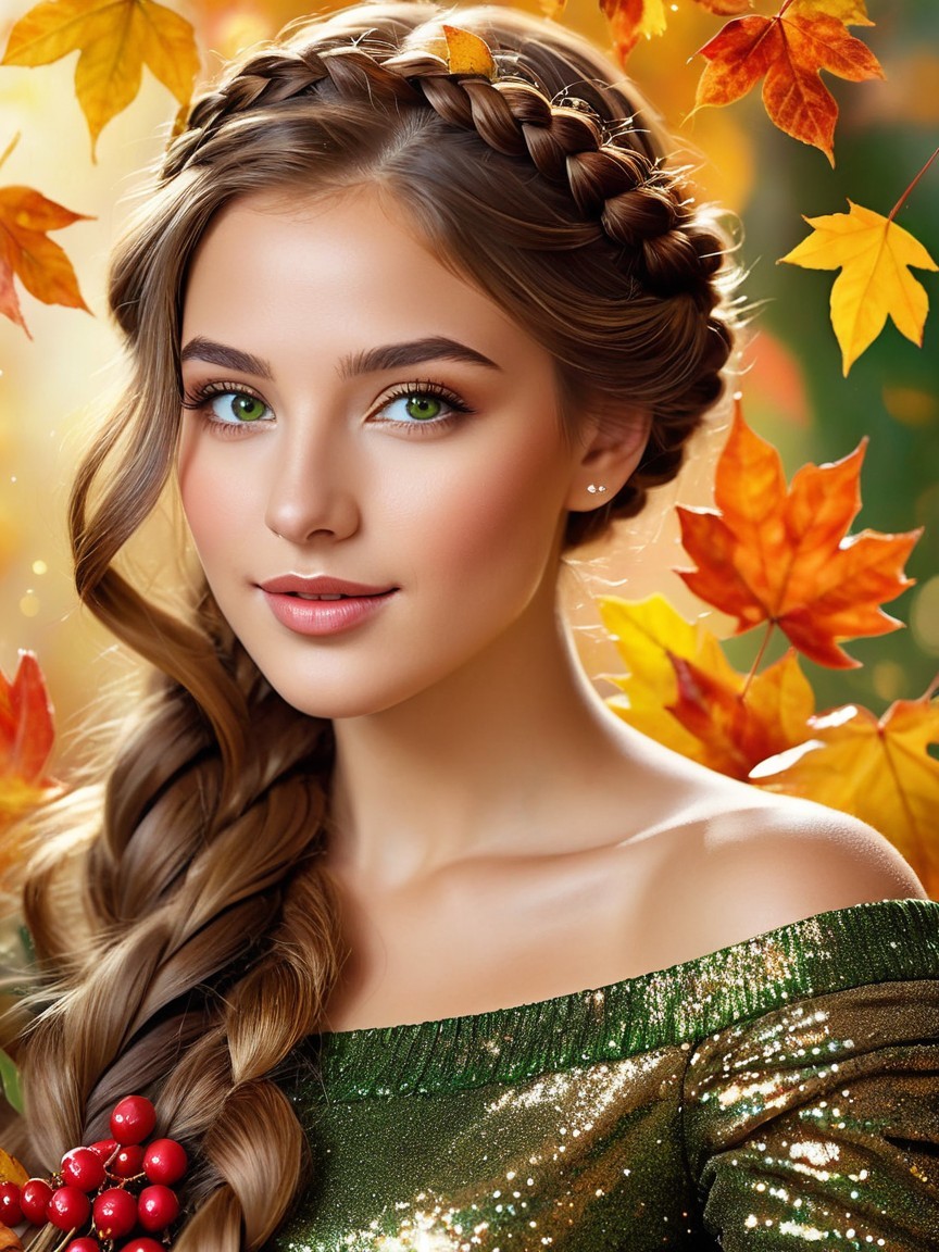 Young woman in green top among autumn leaves