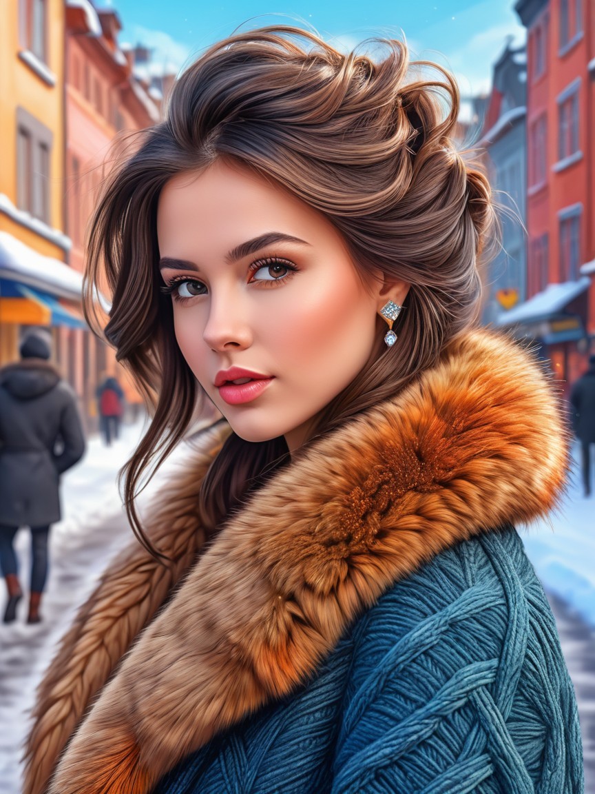 Young Woman in Cozy Sweater on Winter Street