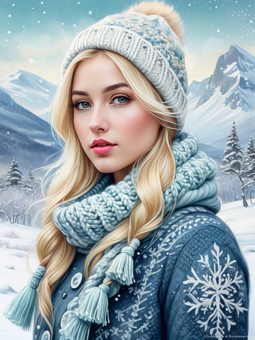 Winter Scene with Young Woman in Cozy Blue Attire